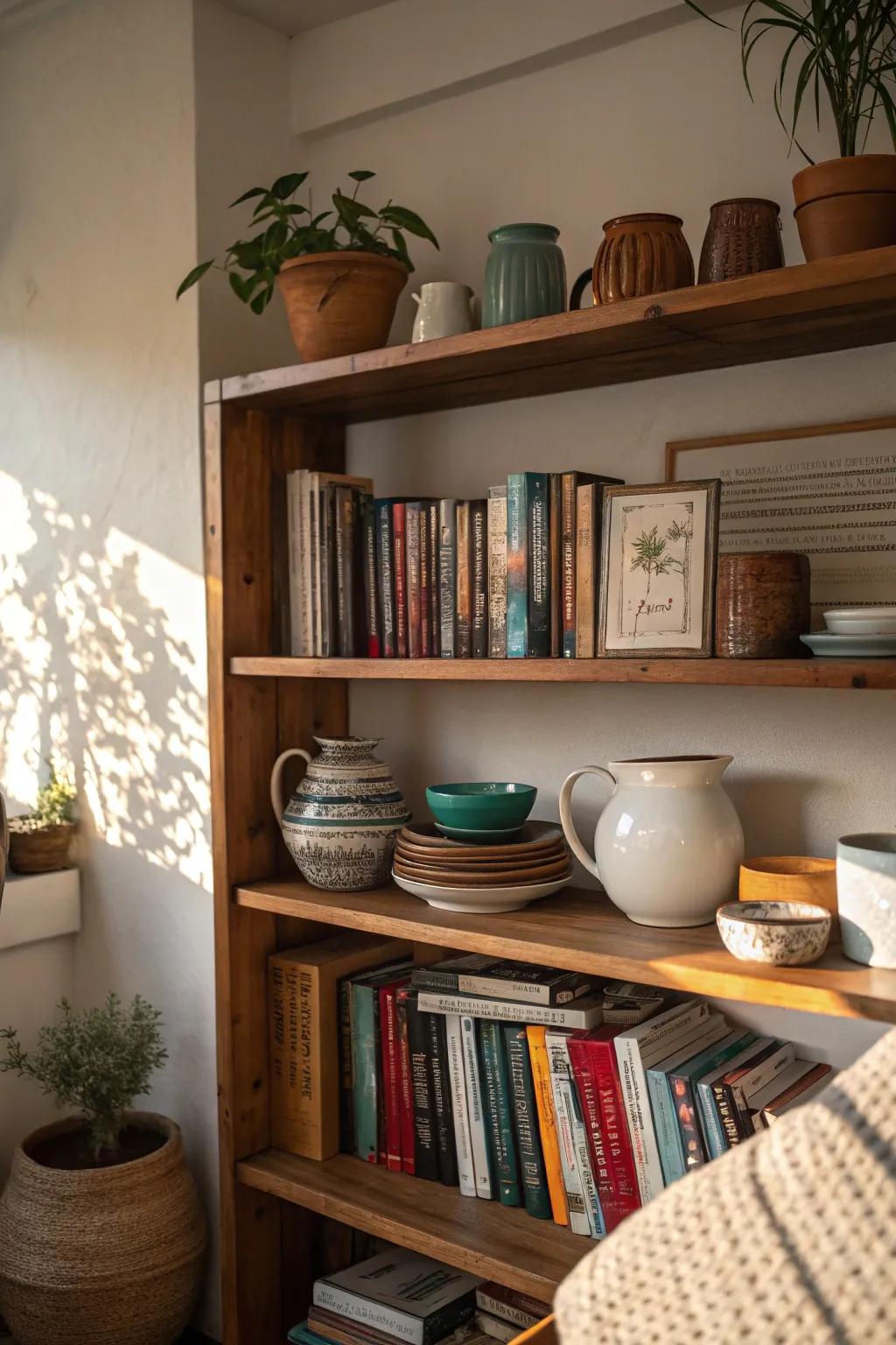 A snug reading spot featuring pottery and books arranged thoughtfully.