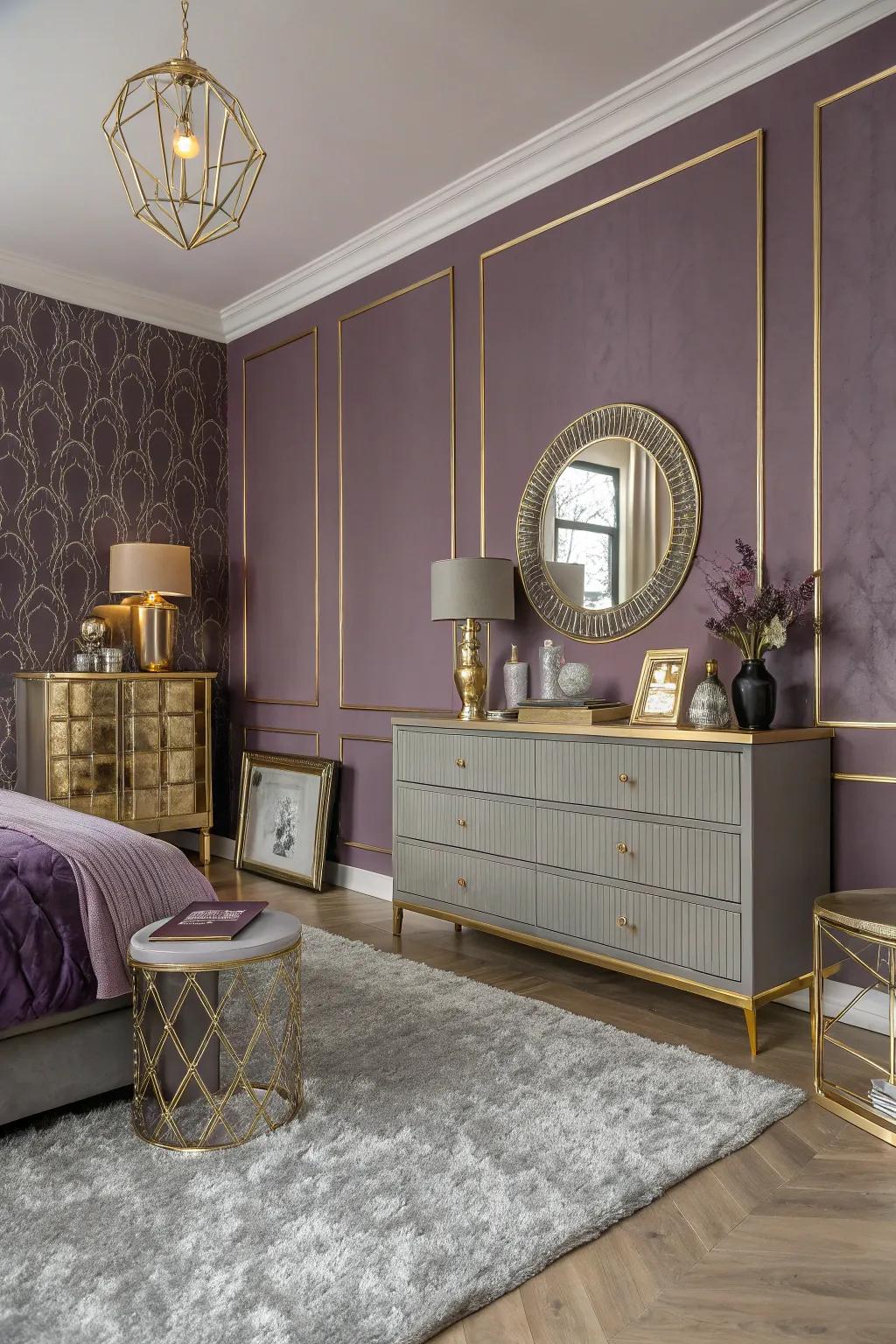 Violet walls balanced by gold and gray details.