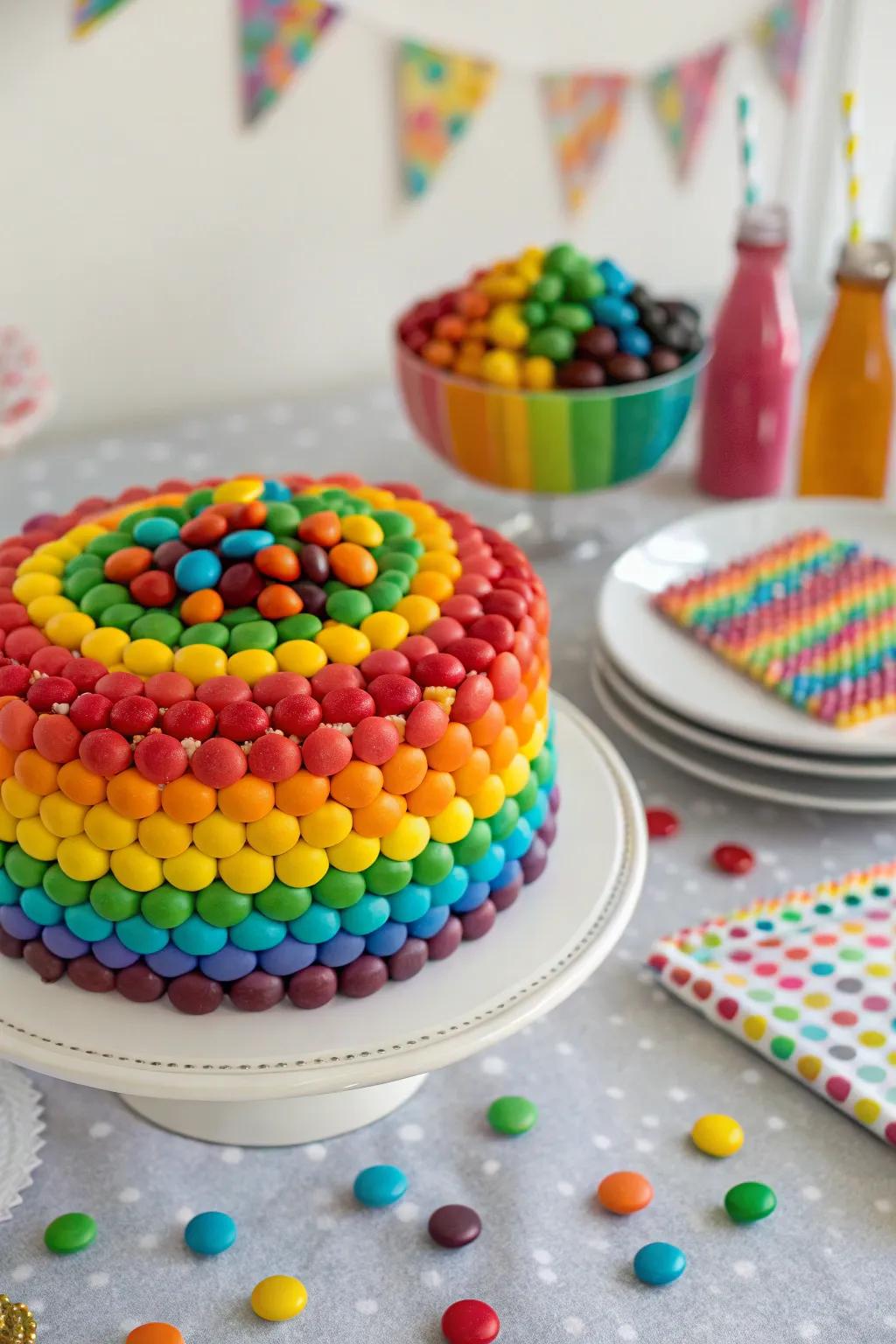 A candy-coated rainbow cake brings extra sweetness to the party.