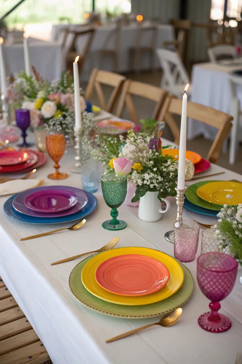 A beautifully set table with rainbow-themed decorations at a wedding.