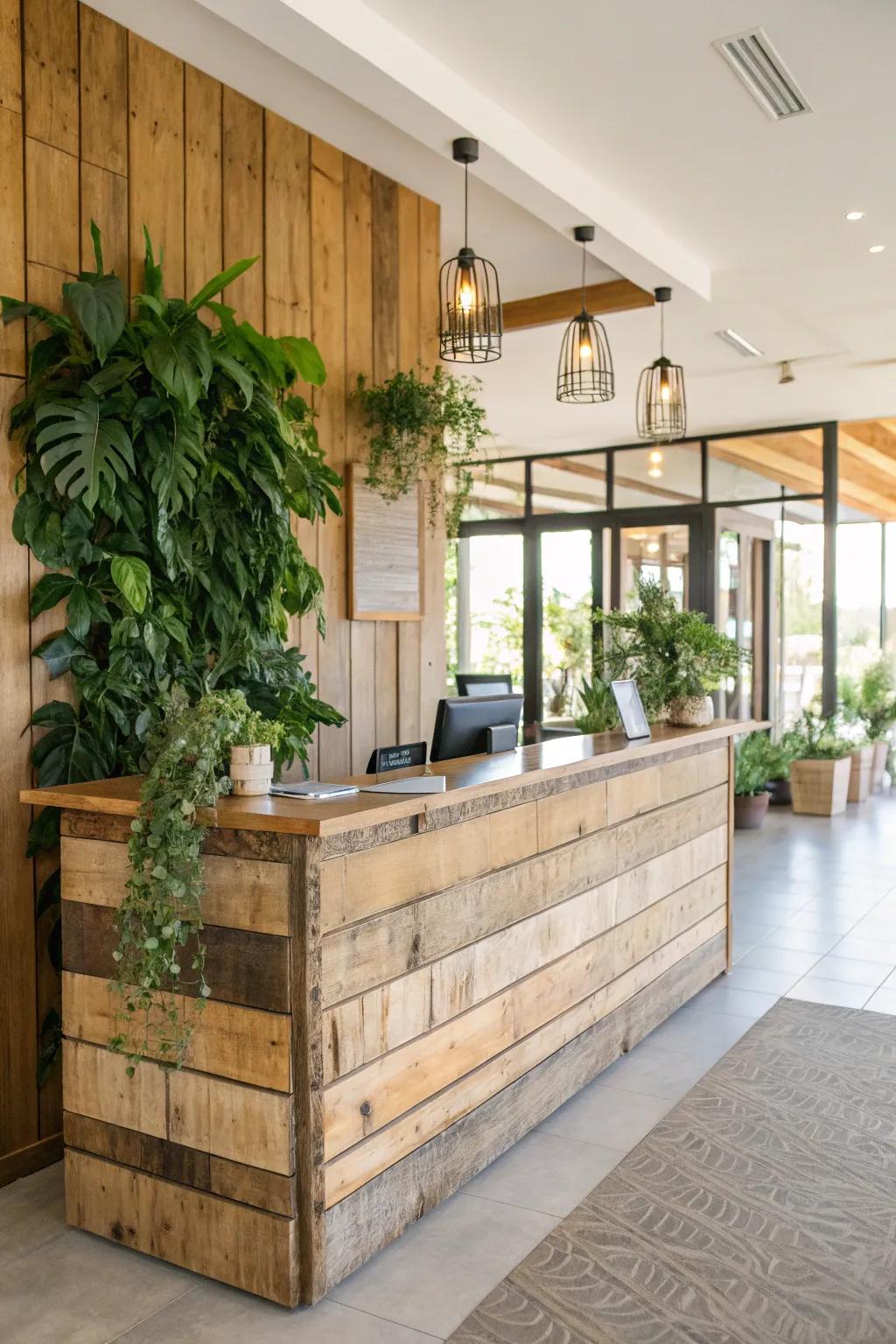 A warm reception desk enhanced with natural materials.