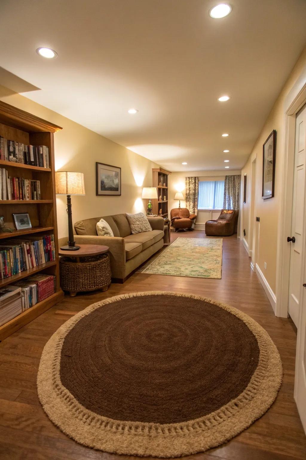 Floor coverings mark off different spots in a long living room.