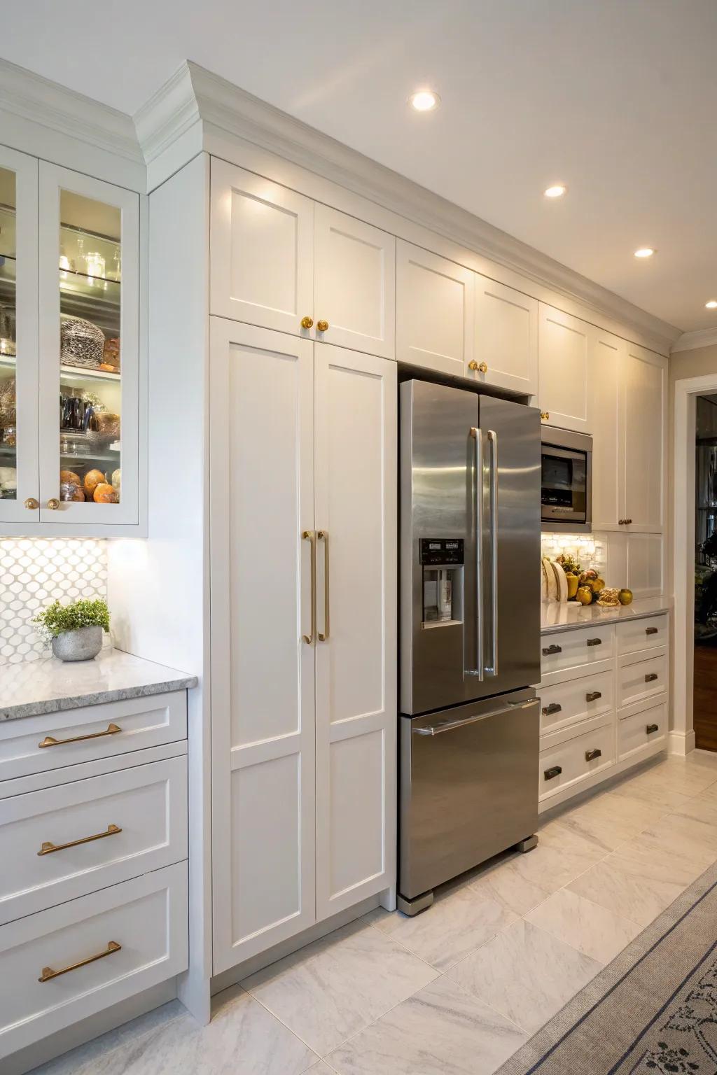 Custom cabinets snugly fitting around a refrigerator for a polished kitchen look.