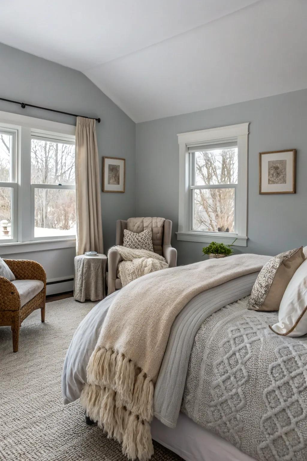 Cozy textiles bring warmth and depth to a Revere Pewter bedroom.