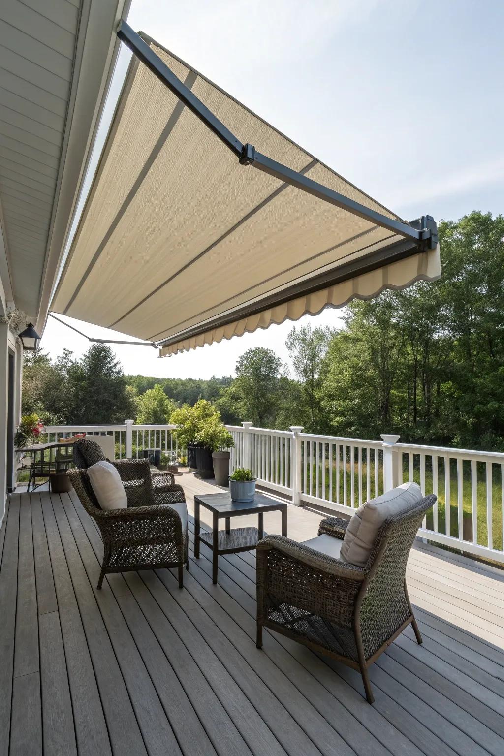 A retractable awning provides versatile protection and flair.