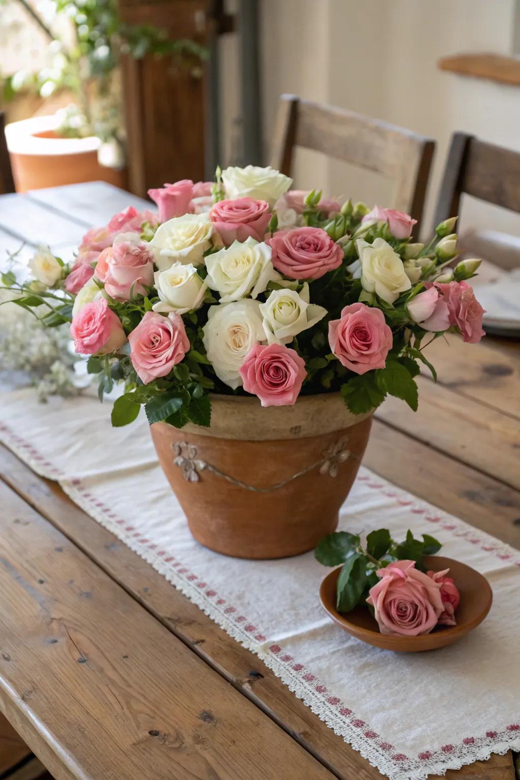 Countryside Appeal with Earthenware and Mixed Roses