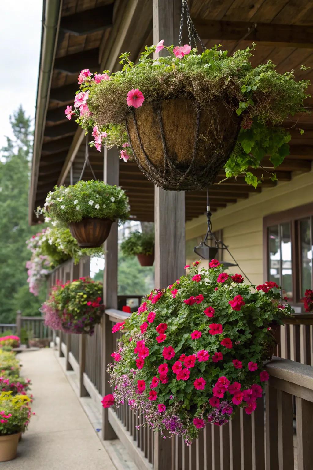 Add charm to your porch with hanging rose moss planters.