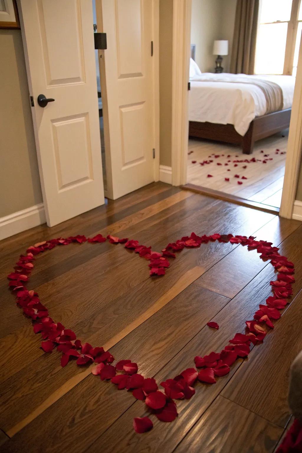 A heart crafted from rose petals at the bedroom entrance.