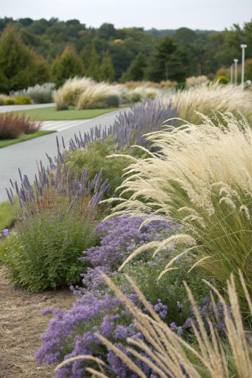 A garden of captivating texture where Silver Queen and ornamental grasses sway gently in the breeze.