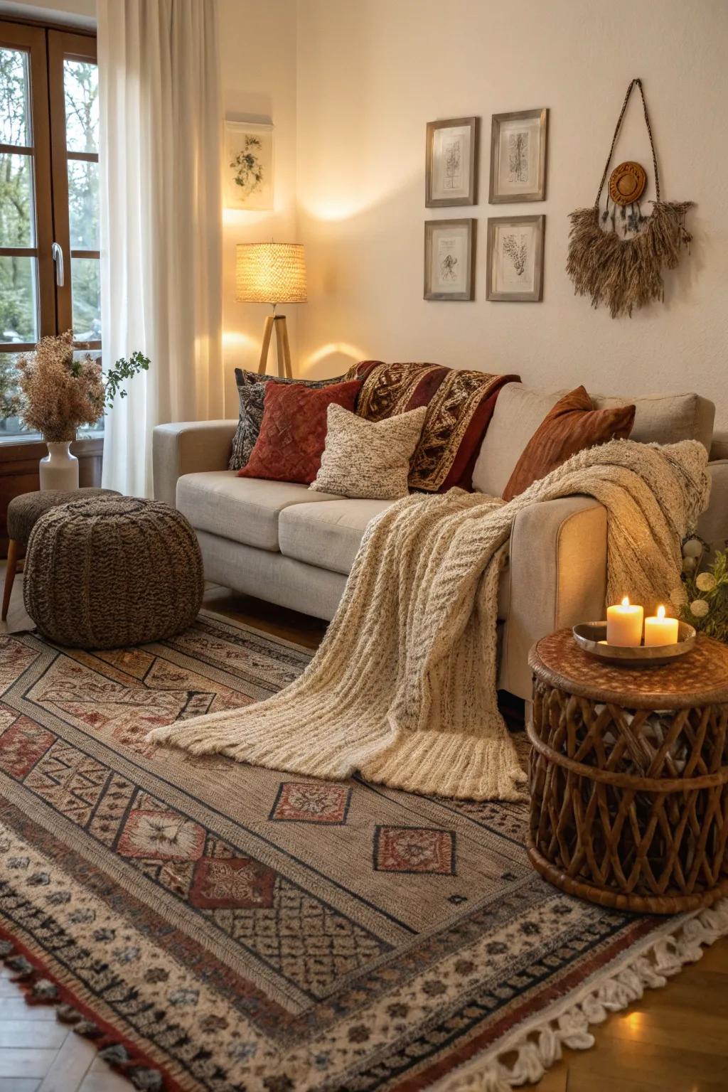 Textured rugs and throws create a layered, inviting space.