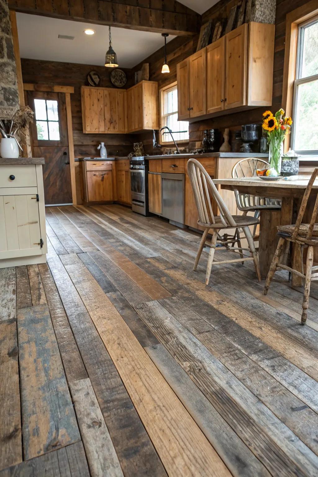 Reclaimed wood flooring adds history and character.