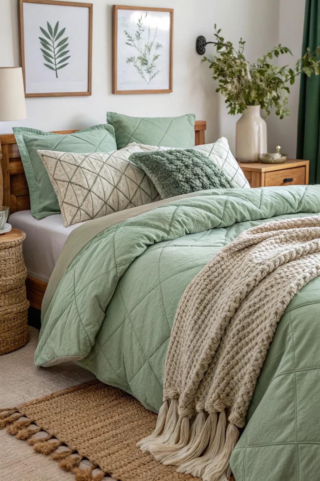 A cozy bed dressed in layers of sage green bedding.