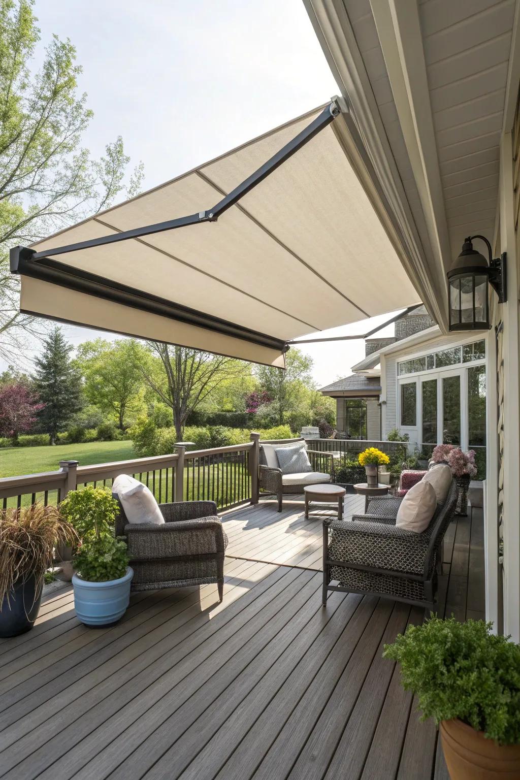 Retractable awnings provide an ideal balance of sunlight and shade.