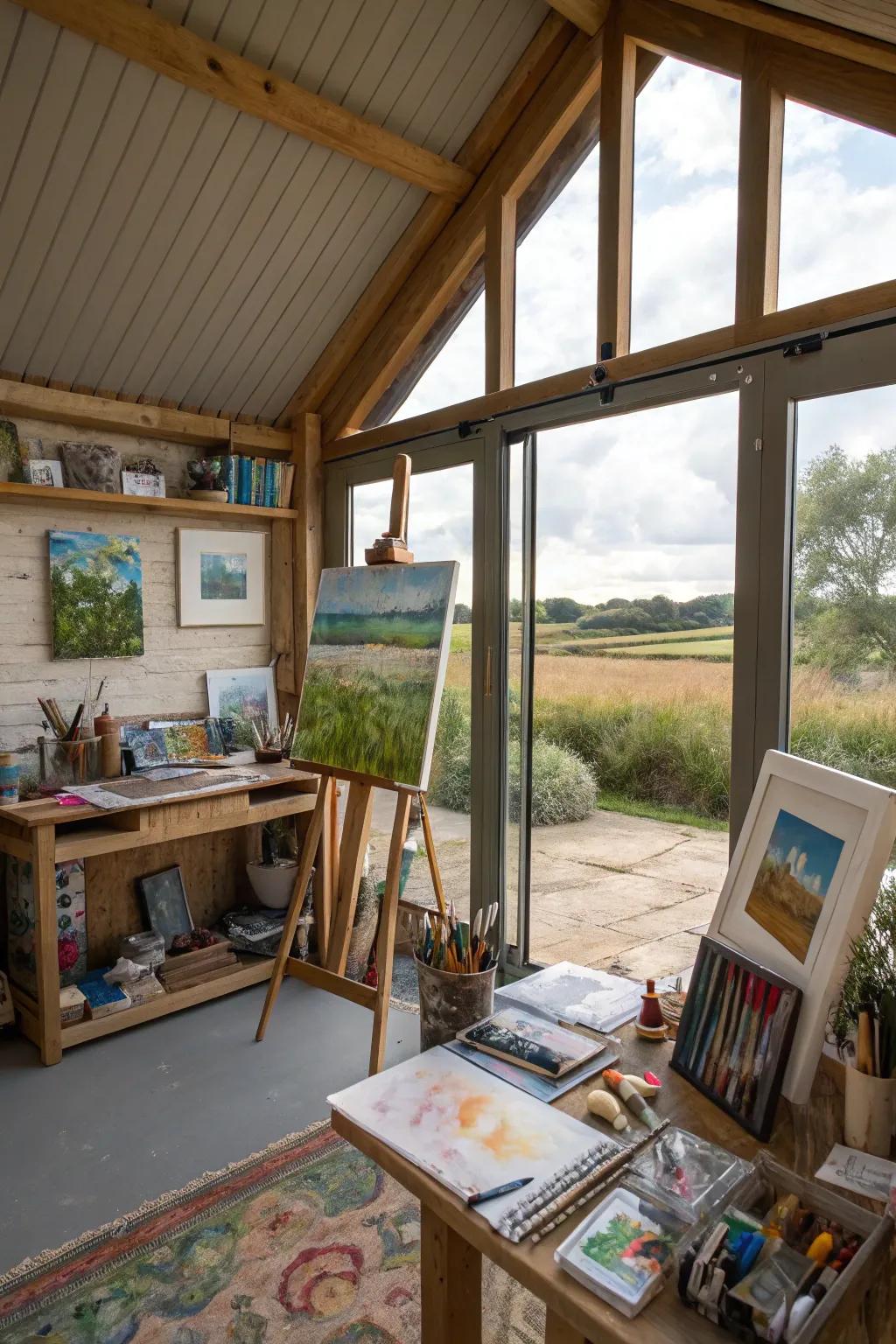 Flood your she shed with natural light by incorporating large windows, perfect for artistic pursuits.