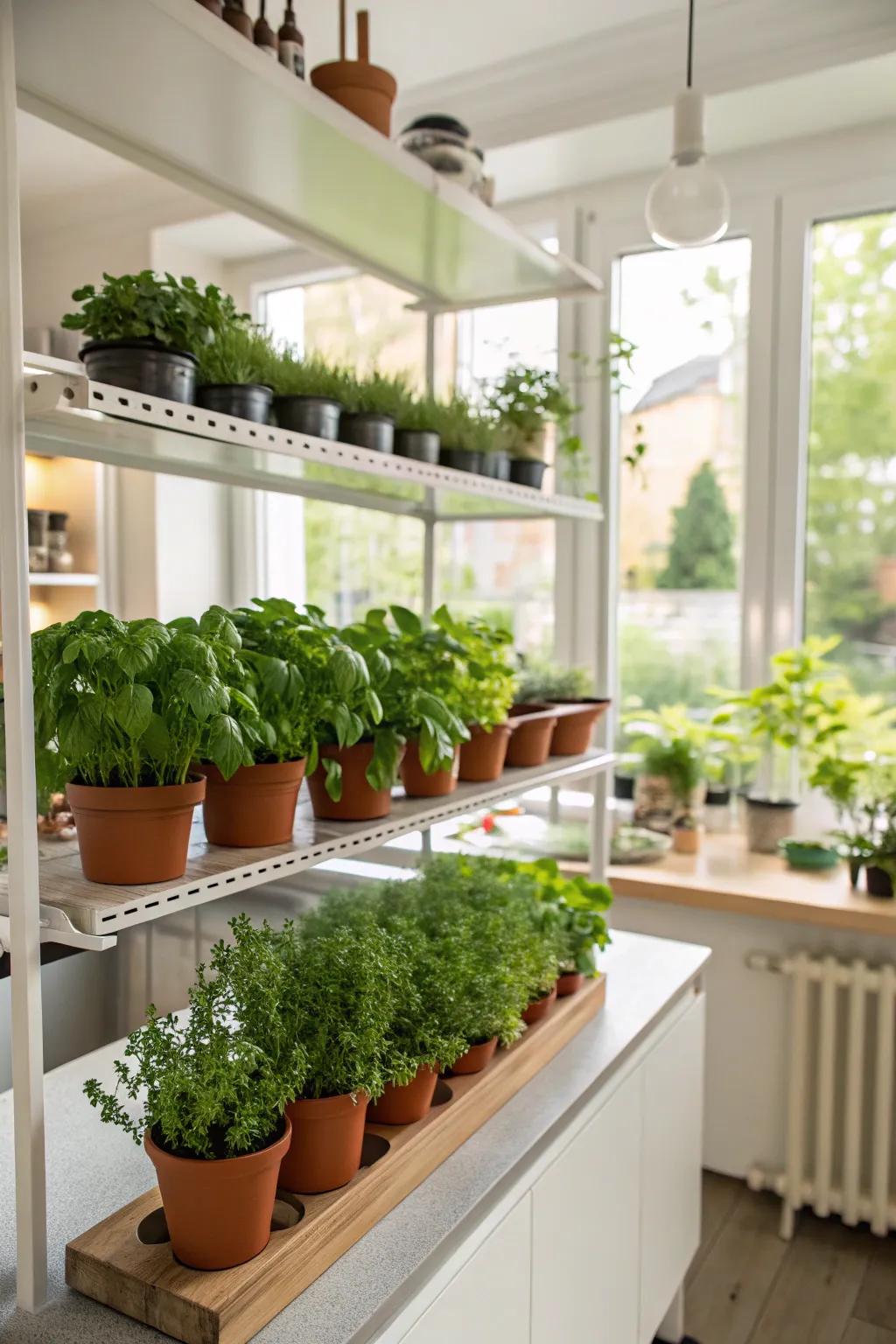 Kitchen shelves adorned with a small herb garden for a fresh touch.