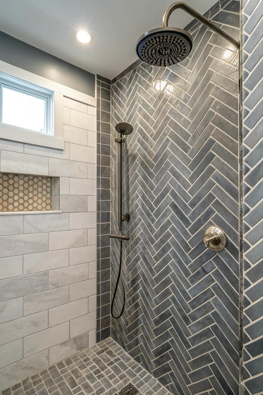 Mix of herringbone and subway patterns in grey tiles.