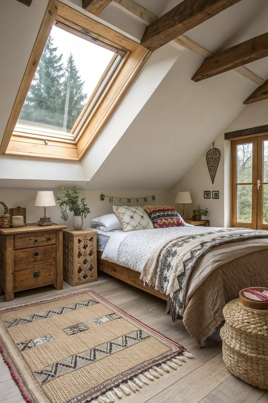 A snug bedroom showcasing a skylight embraced by natural wood trim.