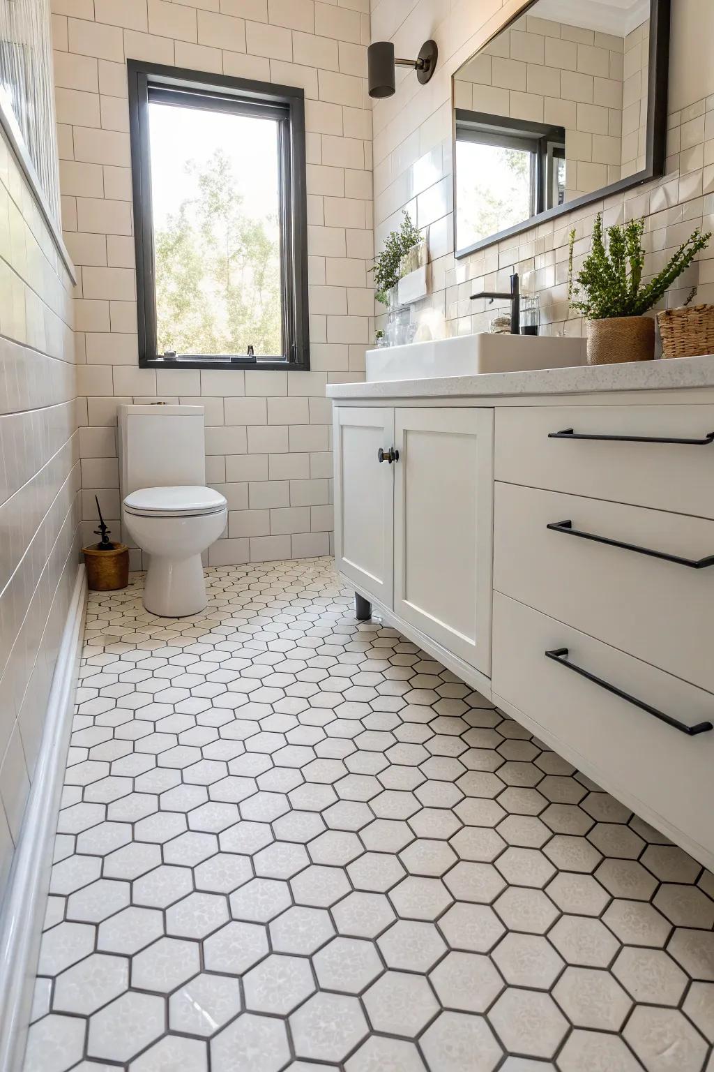 Hexagon tiles add a stylish geometric flair to any small bathroom.