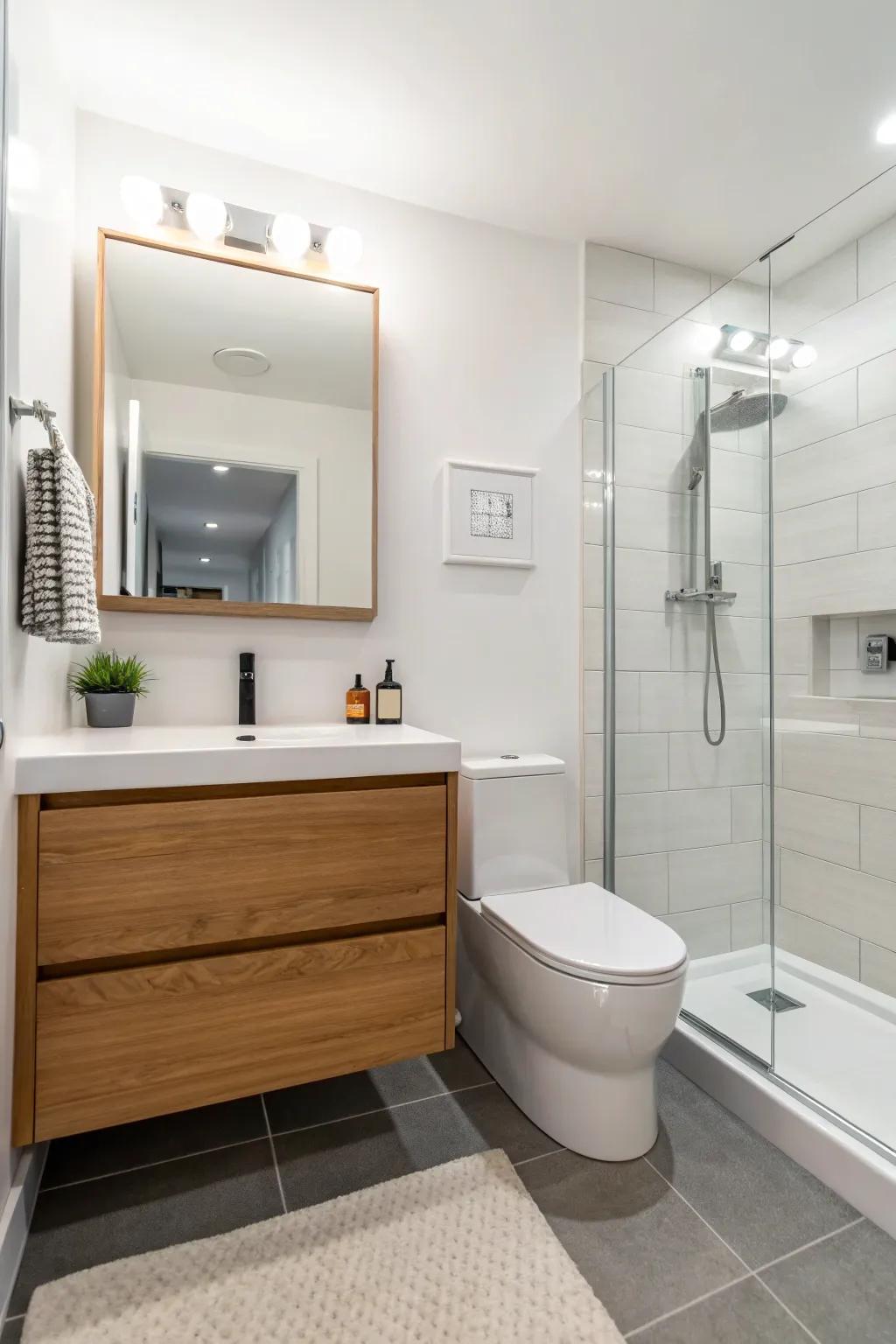 A floating vanity introduces modern elegance while conserving space.
