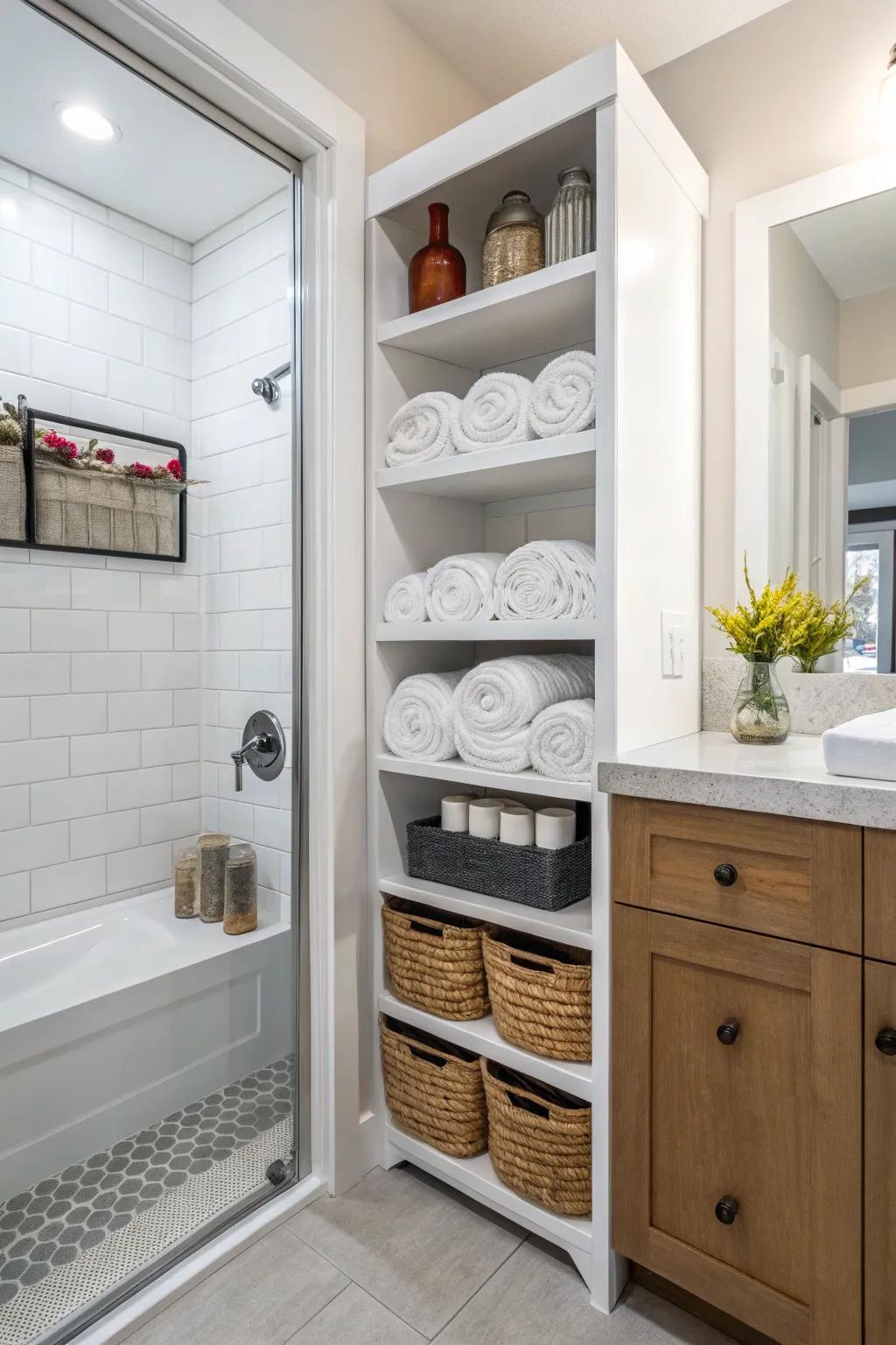 Open shelving brings together practicality and decorative appeal.