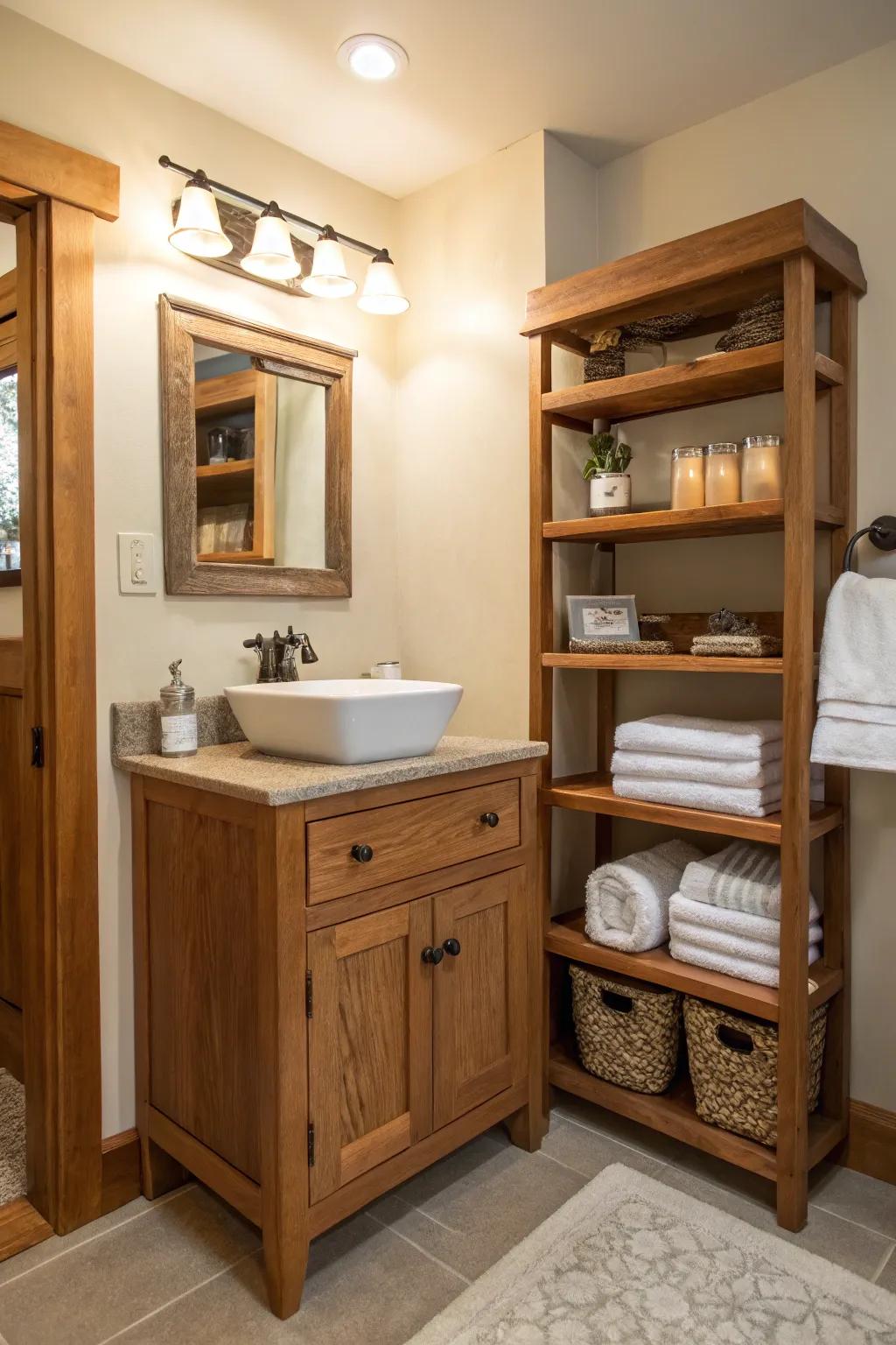 Wooden vanity and shelves introduce warmth to the bathroom.