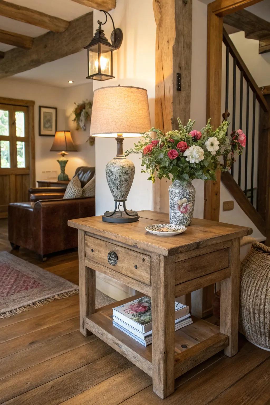 Rustic wooden end table adds warmth to any cottage-style room.