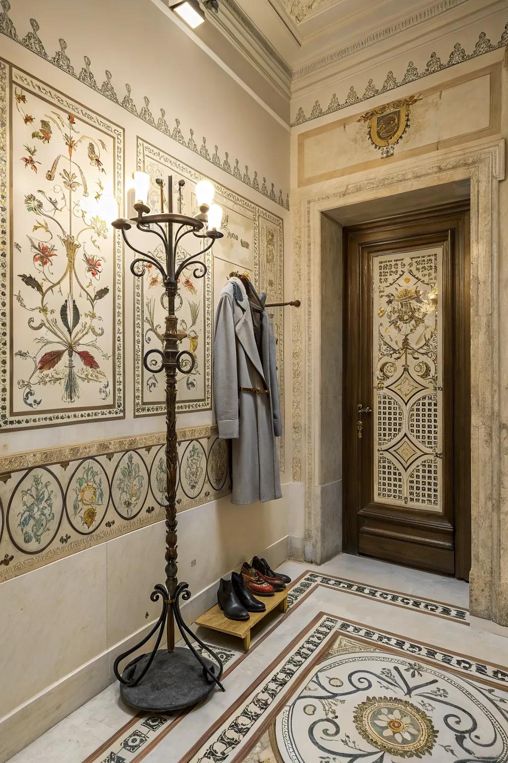 Elegant Marble Mosaic Tiles in a Cozy Entryway