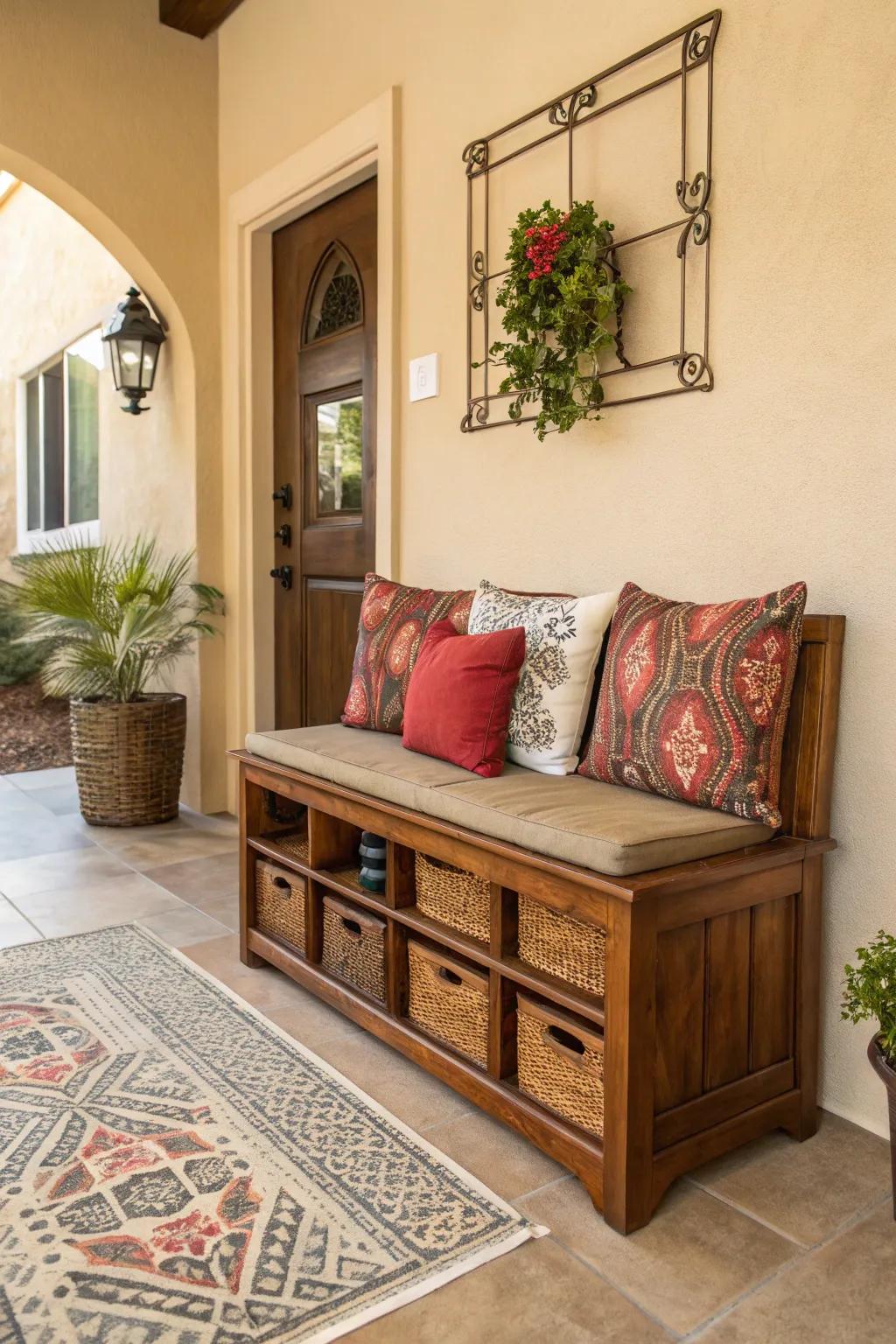 A storage bench offering seating and hiding clutter.