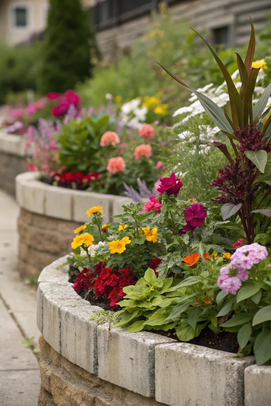 A layered small flower bed with a beautiful arrangement of plants in different heights and colors.