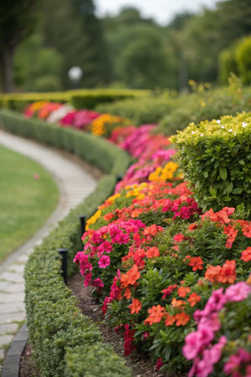 Flowerbeds framed by low hedges for a captivating garden look.