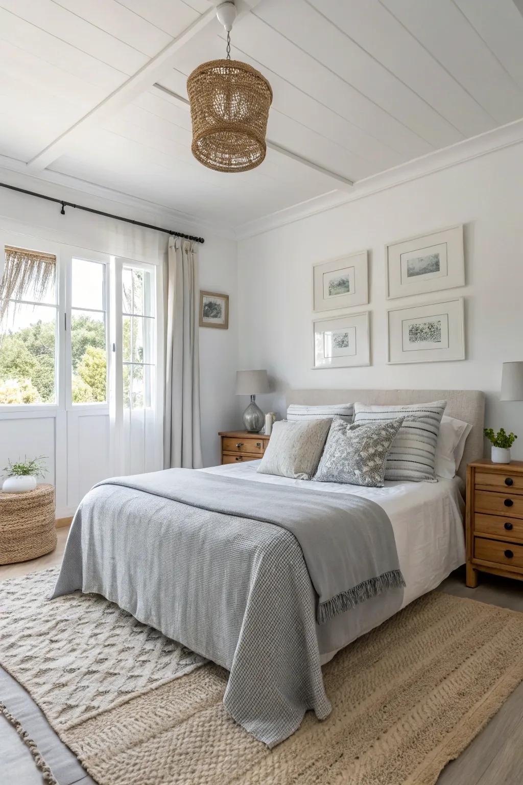 Bright hues generate the perception of spaciousness within a small master bedroom.