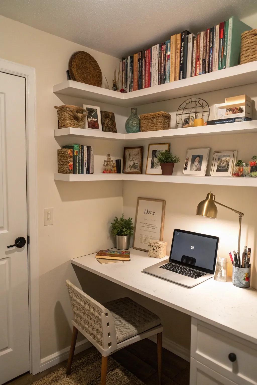 Floating shelves provide practical storage while enhancing the office aesthetic.