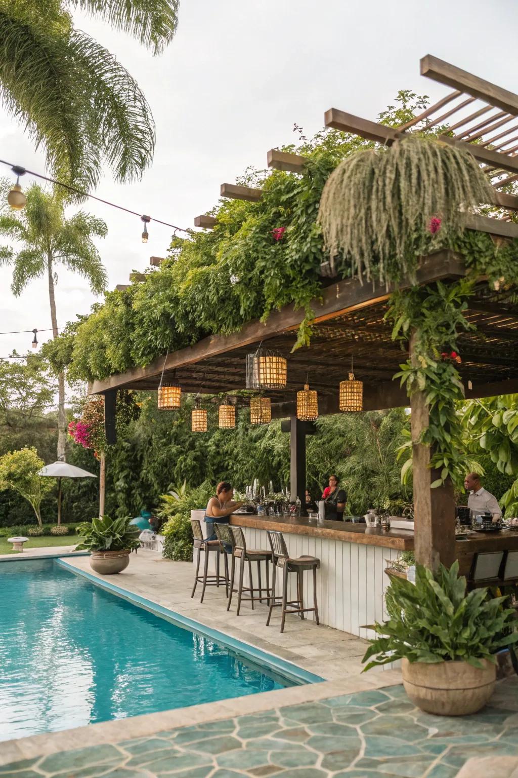 A pergola adds both function and charm, making your pool bar a cozy retreat.