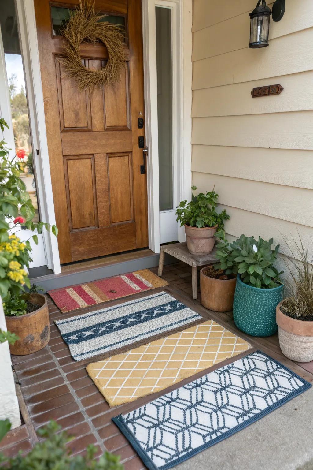 Layered doormats create a stylish and welcoming entryway.