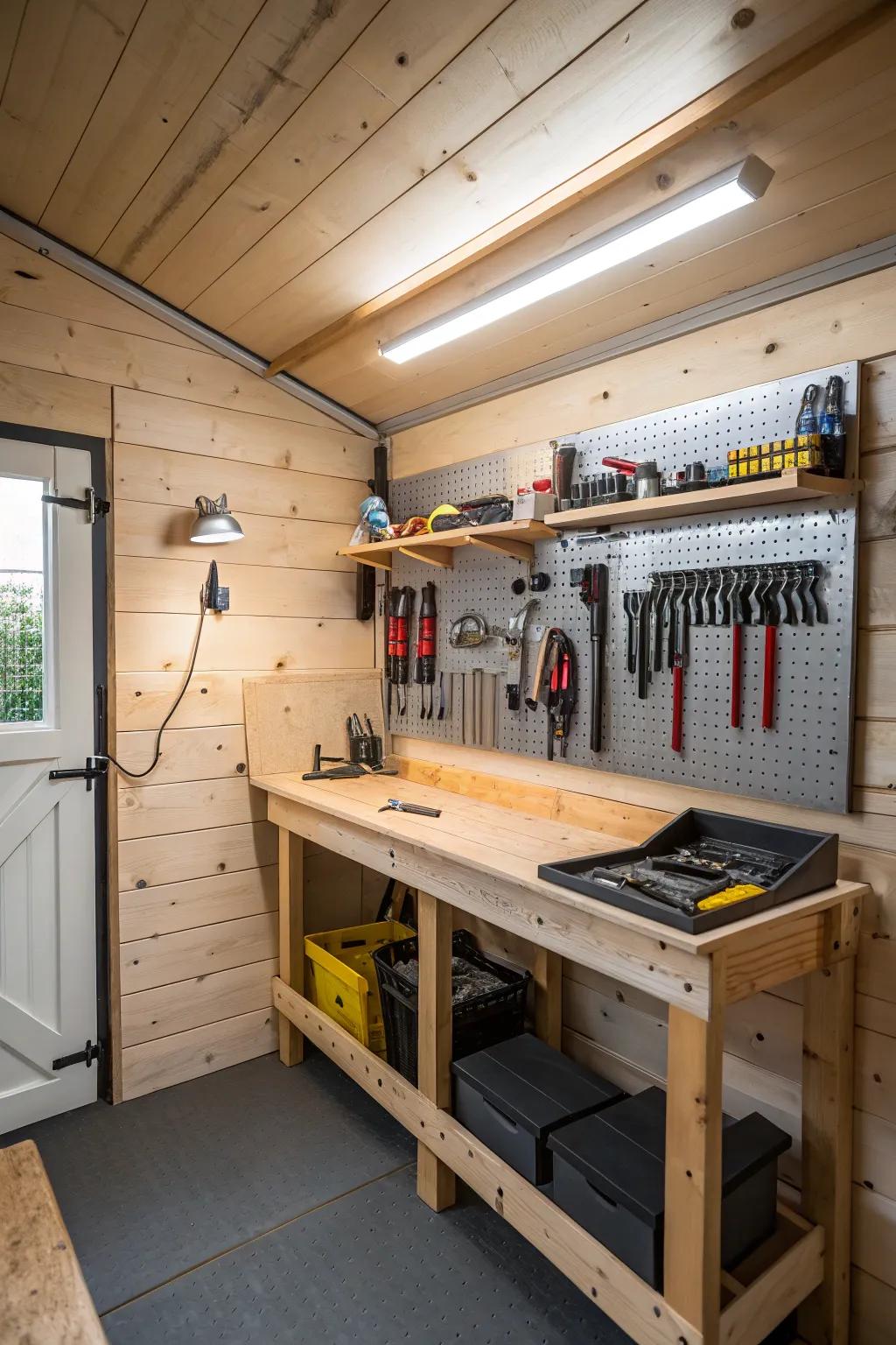 A well-organized workshop space in a small shed.