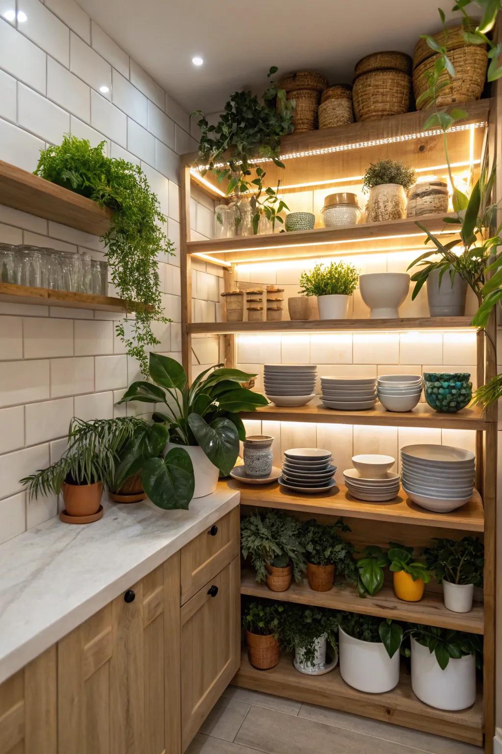 Open shelves in a small kitchen add charm and accessibility.