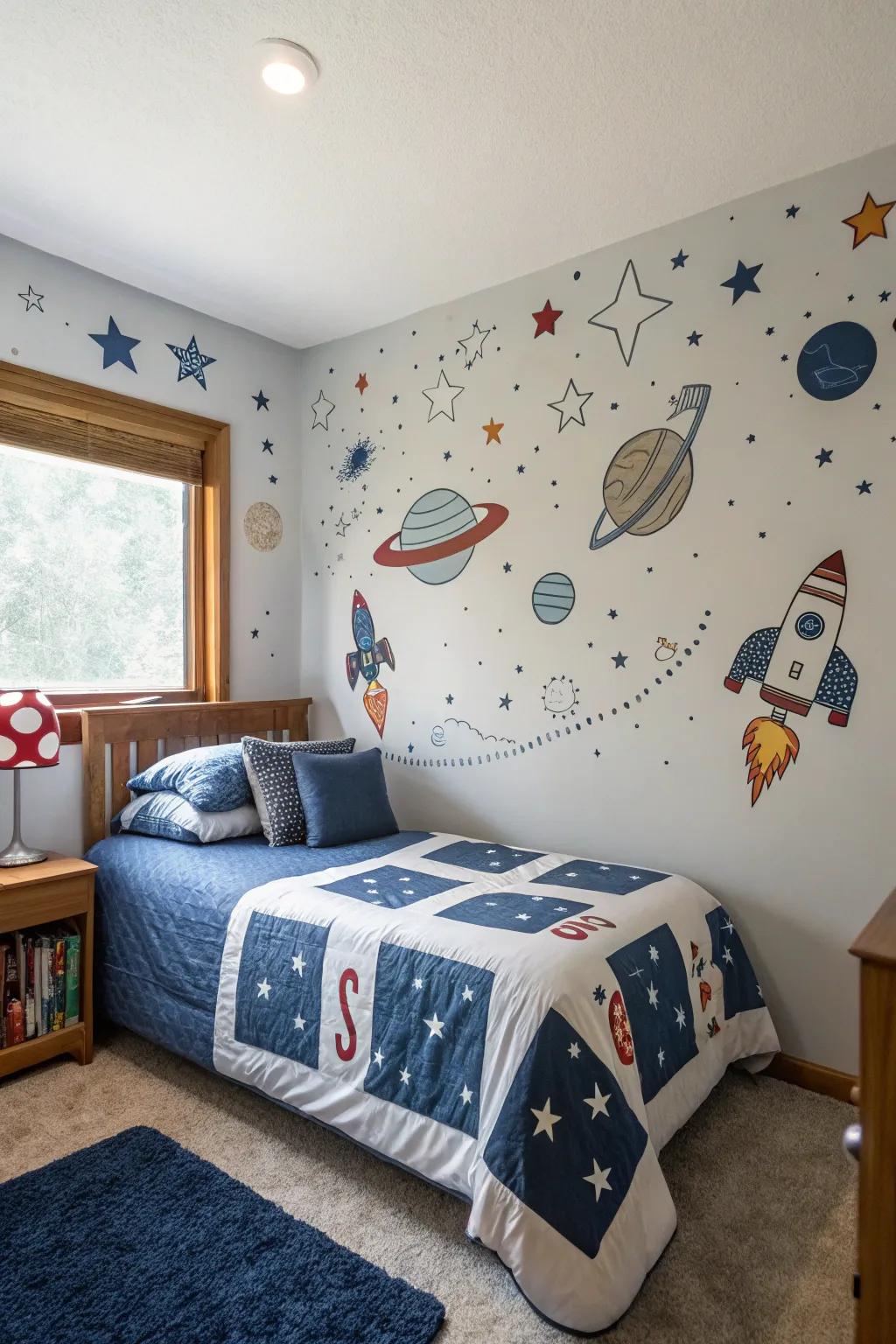 Astronaut and spacecraft themes inspire adventure and curiosity.