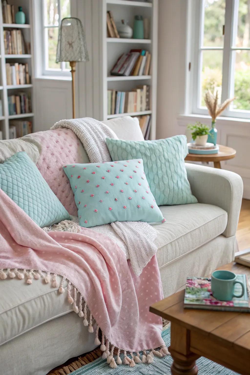 Pastel accents bring a gentle touch of spring to the living room.