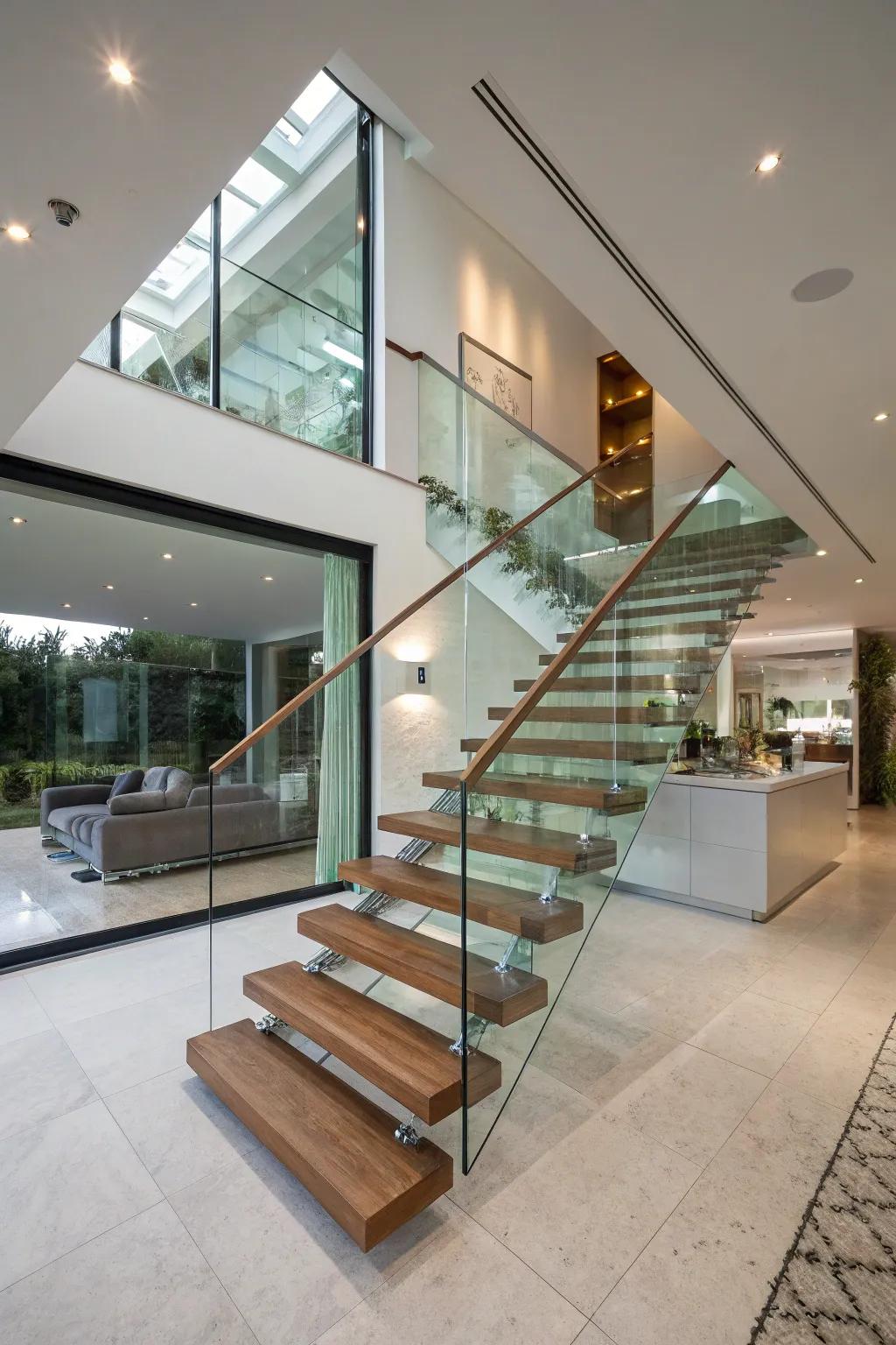 Floating steps create an airy and open feel in this modern home.