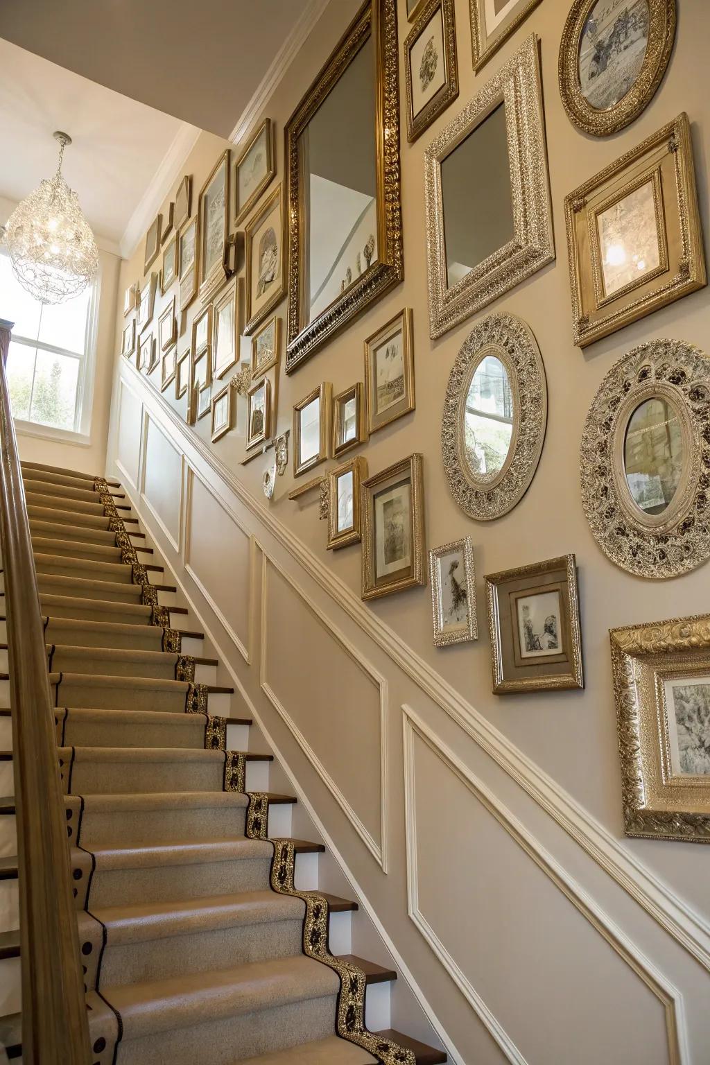 Mirrors add elegance and depth to the stairway wall.