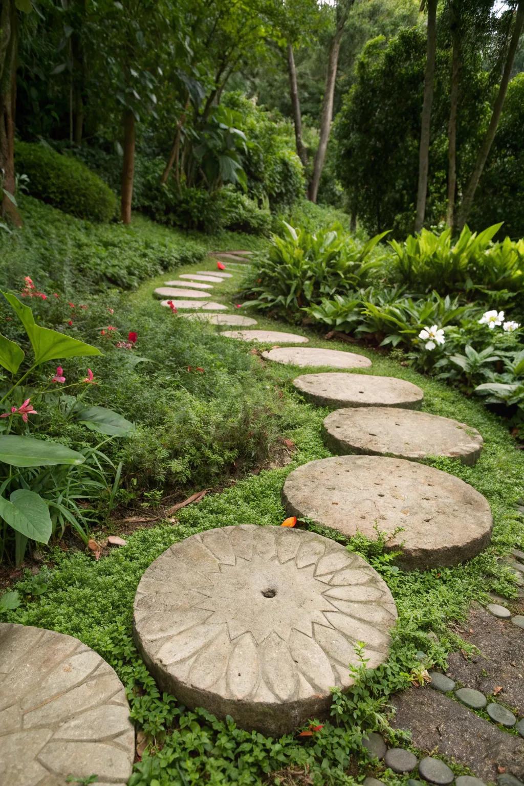 Circular stepping stones create a whimsical pattern in your garden.