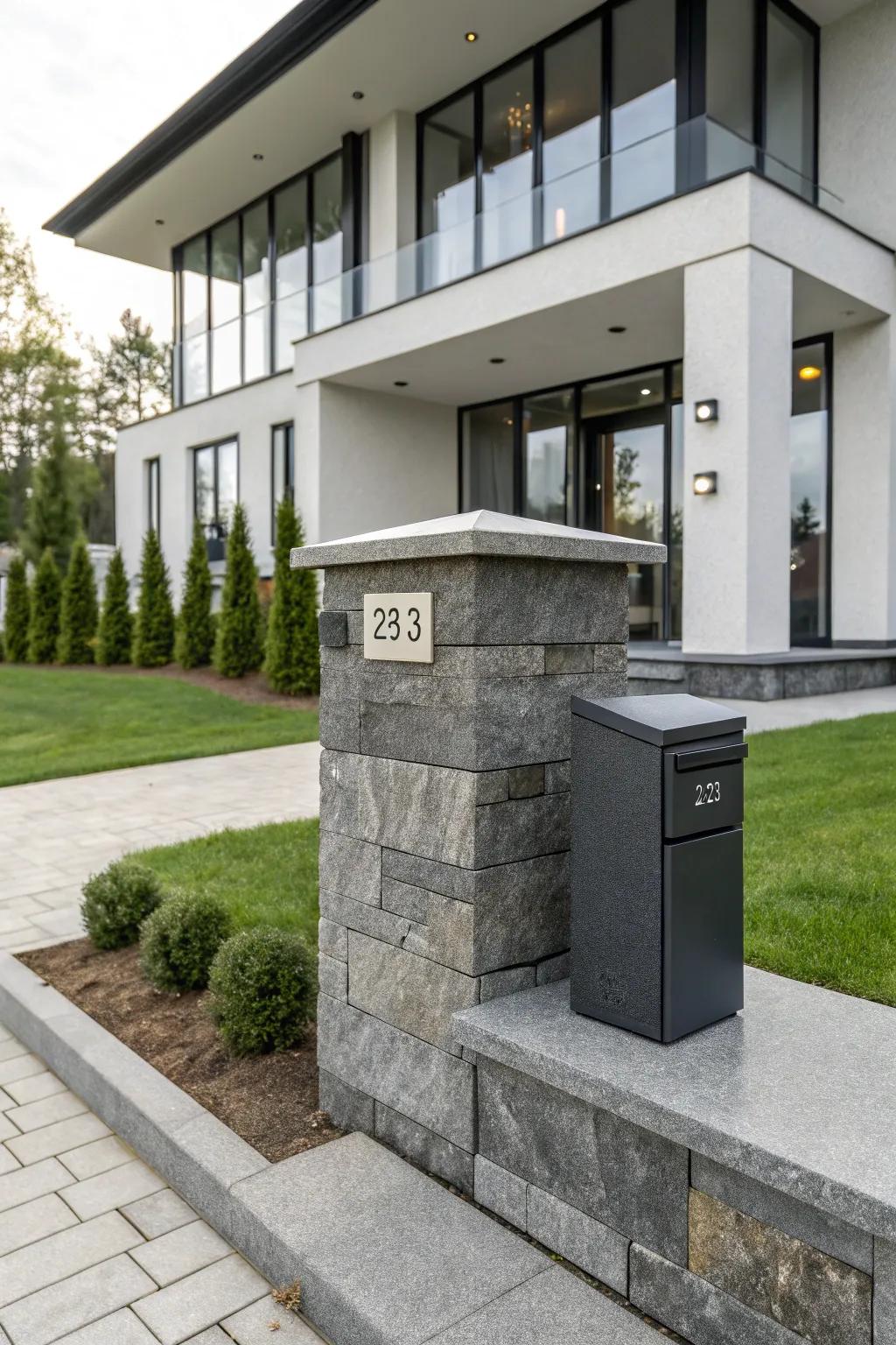 A sleek granite mailbox pillar showcasing modern minimalism.