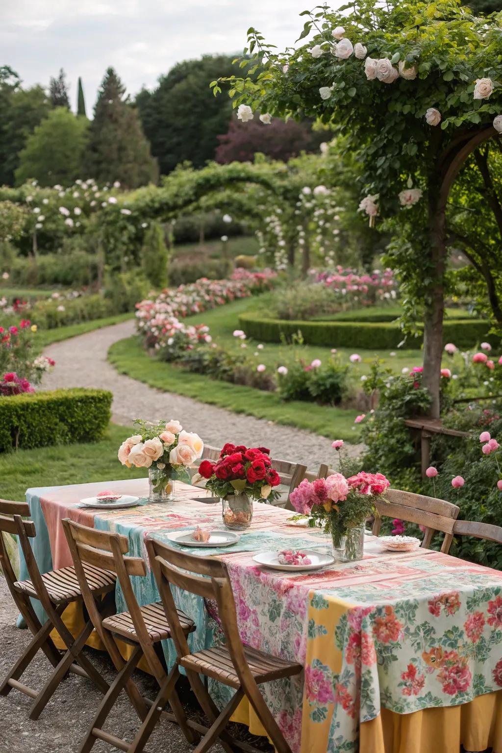 Outdoor dining setup with rustic tables and colorful tablecloths.