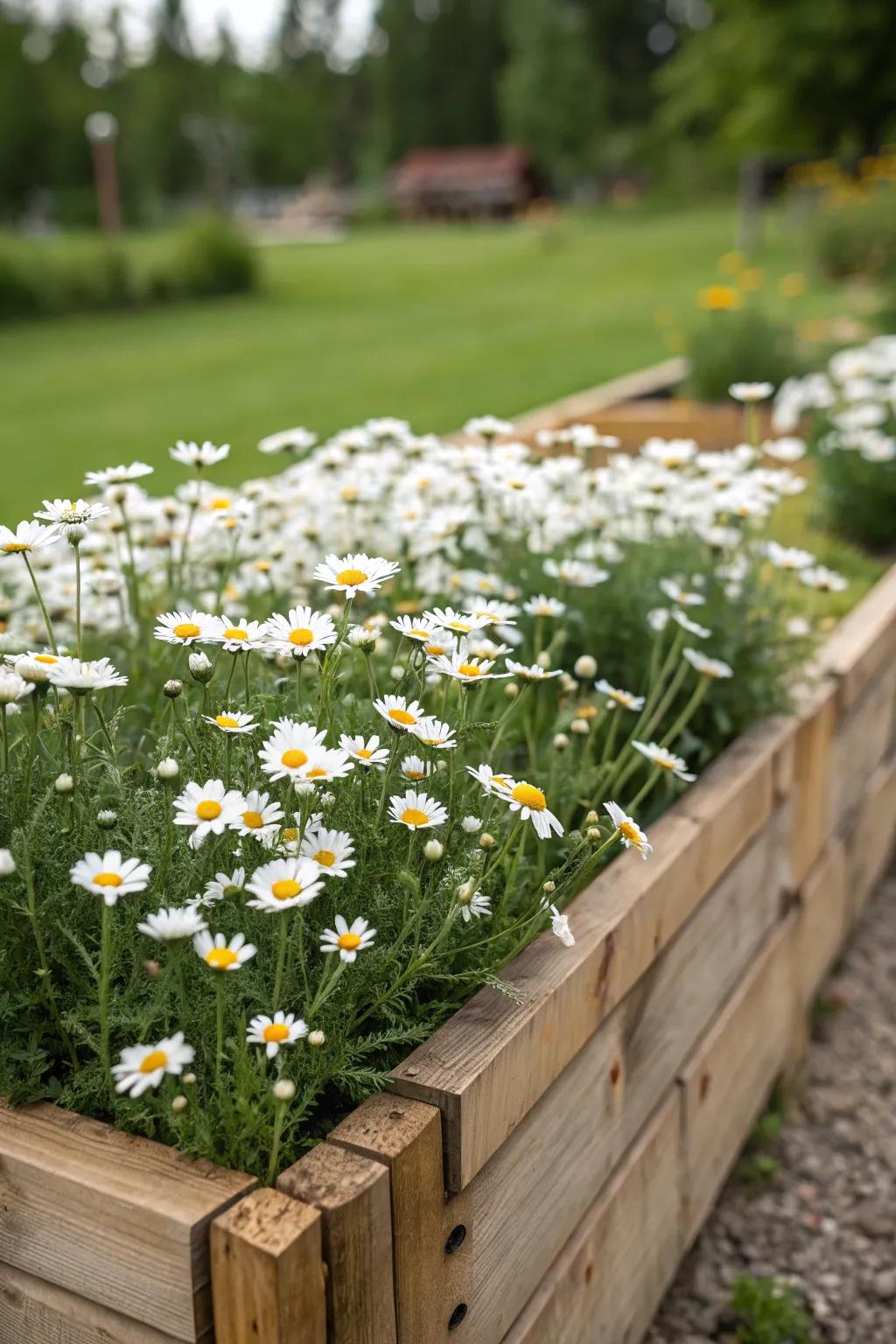 A burst of chamomile flowers in full splendor, beckoning you to pause and indulge in tranquility.