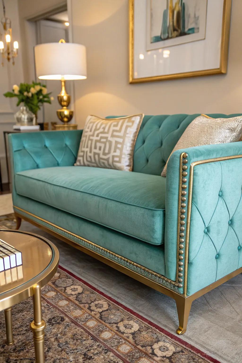 A turquoise sofa becomes the focal point with elegant metallic touches.