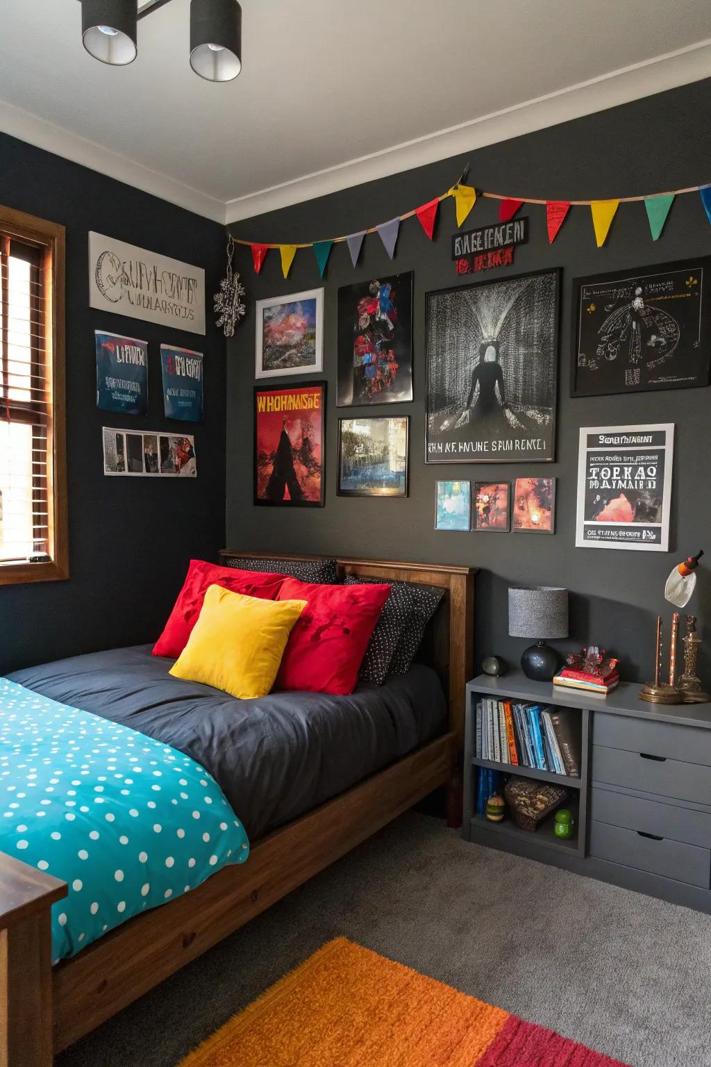 Deep walls complemented by vibrant cushions create a stunning palette combination.