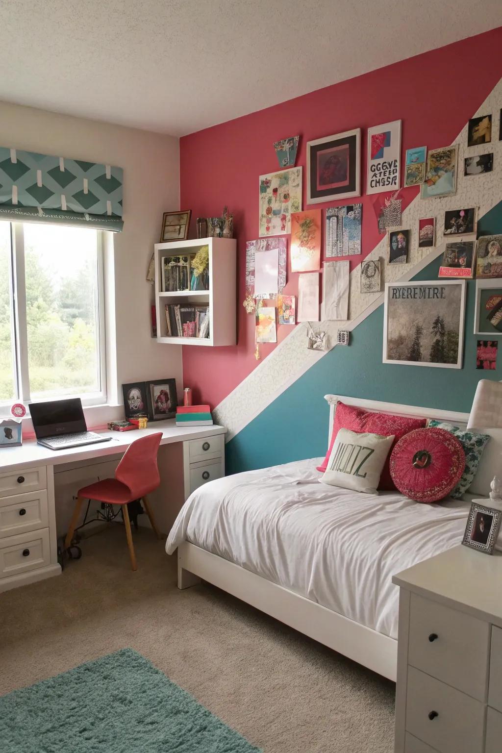 A bold feature wall that adds drama and personality to a teen girl's bedroom.