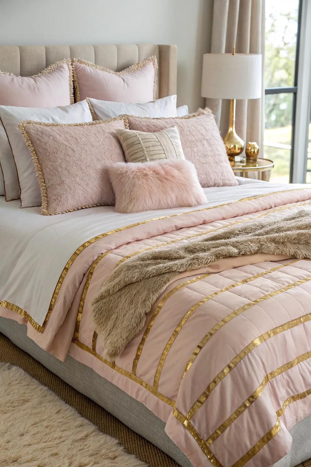 Layered bedding in blush and gold exudes comfort and style.