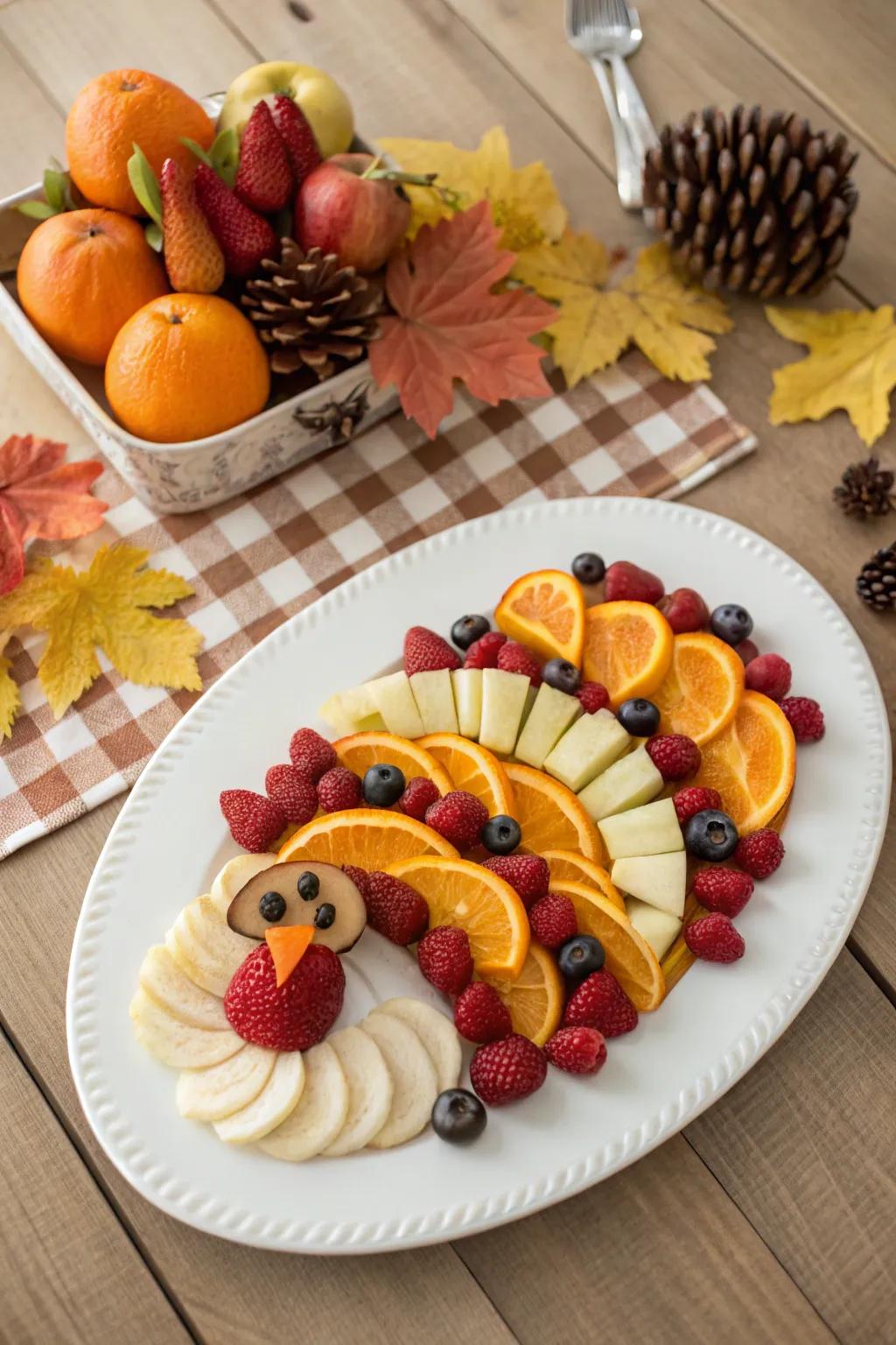 A fun and colorful turkey fruit platter for kids and adults alike.