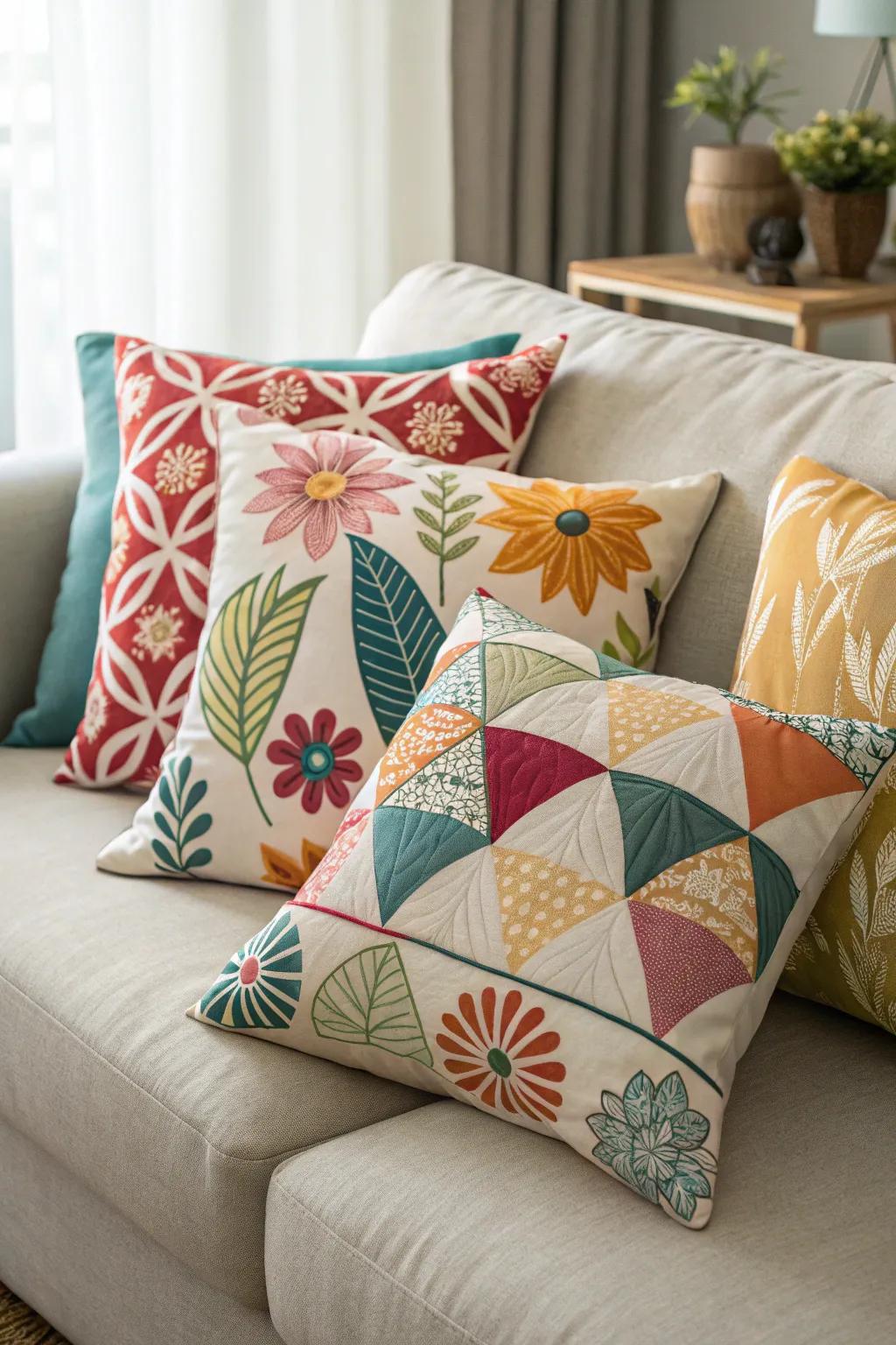 A vibrant mix of patterns including geometric and floral designs on a comfortable sofa.